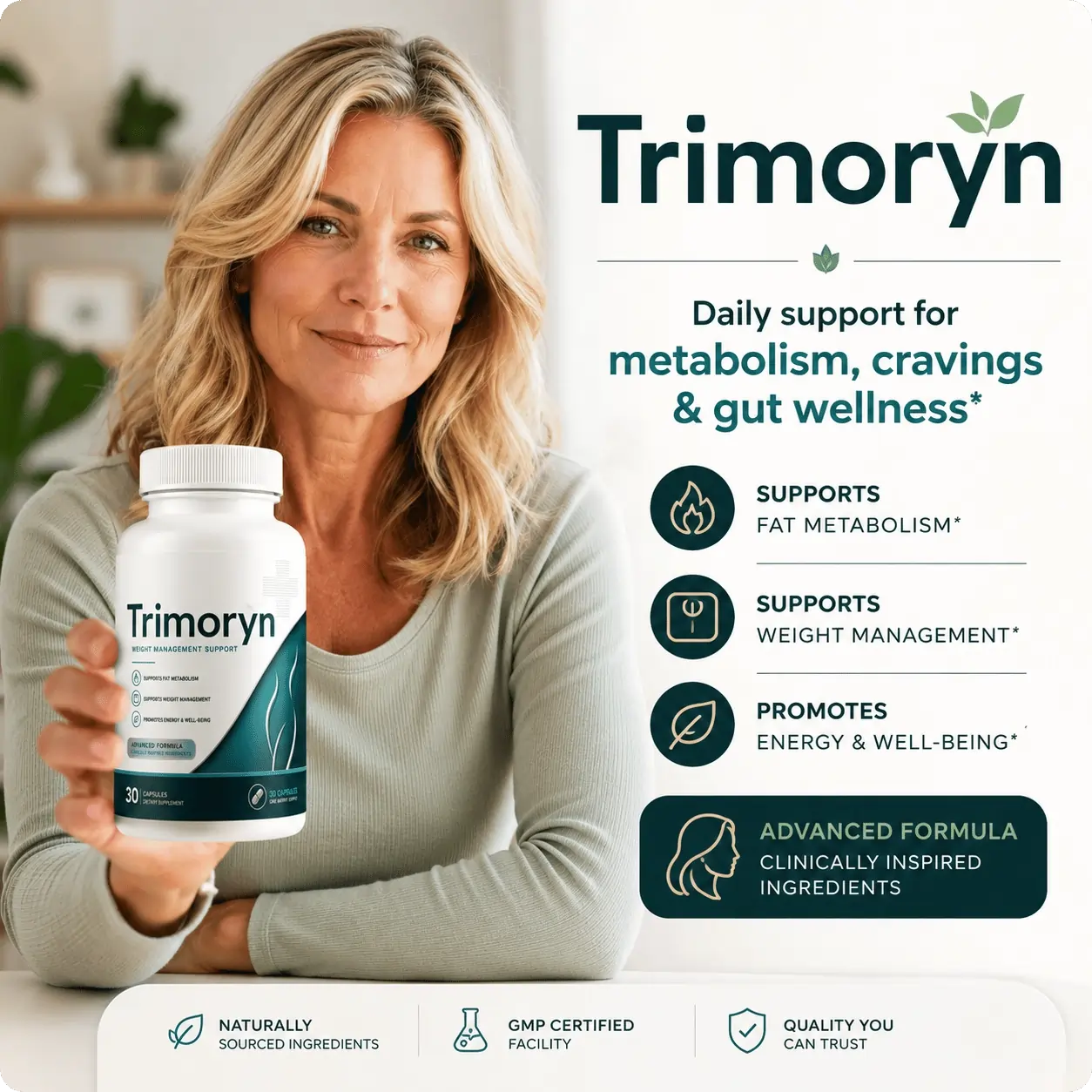 Trimoryn dietary supplement bottle resting on a clean surface